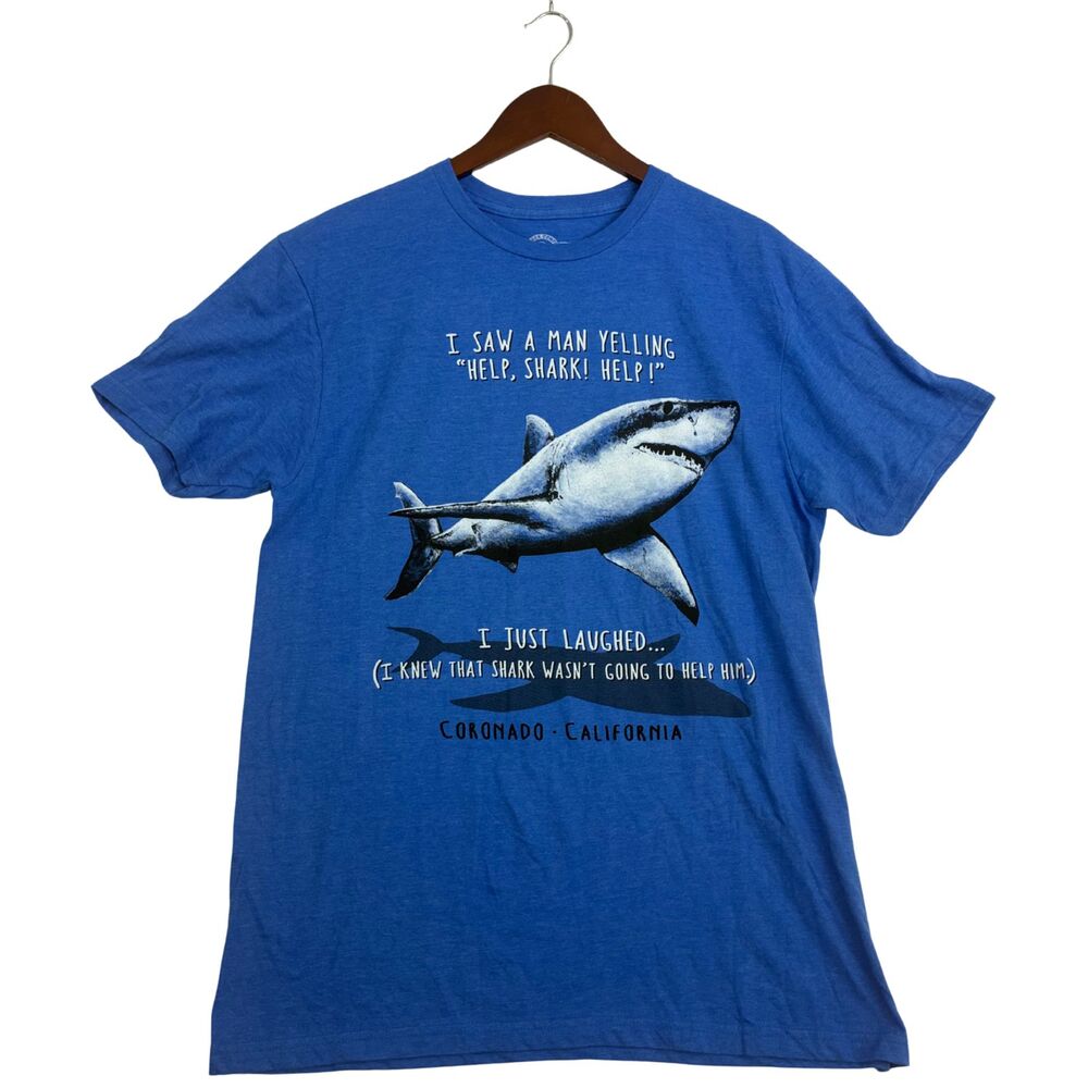 The Duck Company Shark T Shirt Mens Large Blue Coronado California Funny Graphic